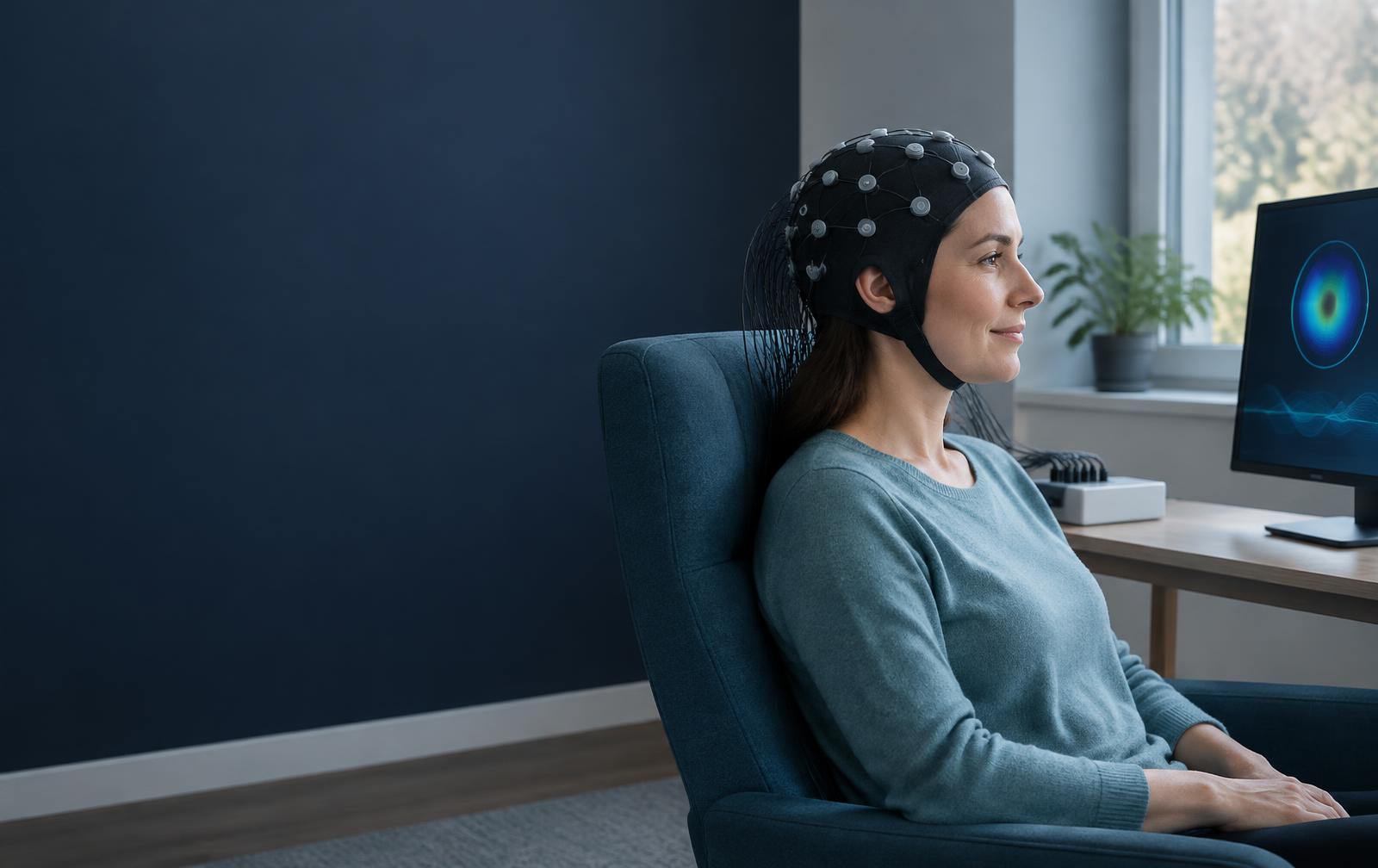 Illustration of a neurofeedback session with scalp sensors and screen-based feedback