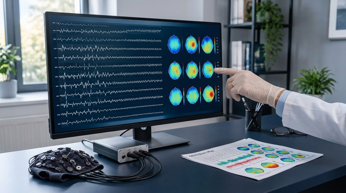 Illustration of a clinician reviewing QEEG scalp activity maps and EEG traces, with an electrode cap and report on the desk